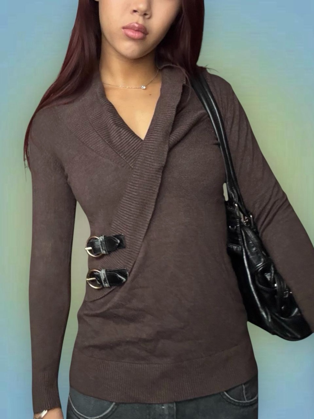 Brown Wrap-Style Women’s Sweater with Buckle Detail